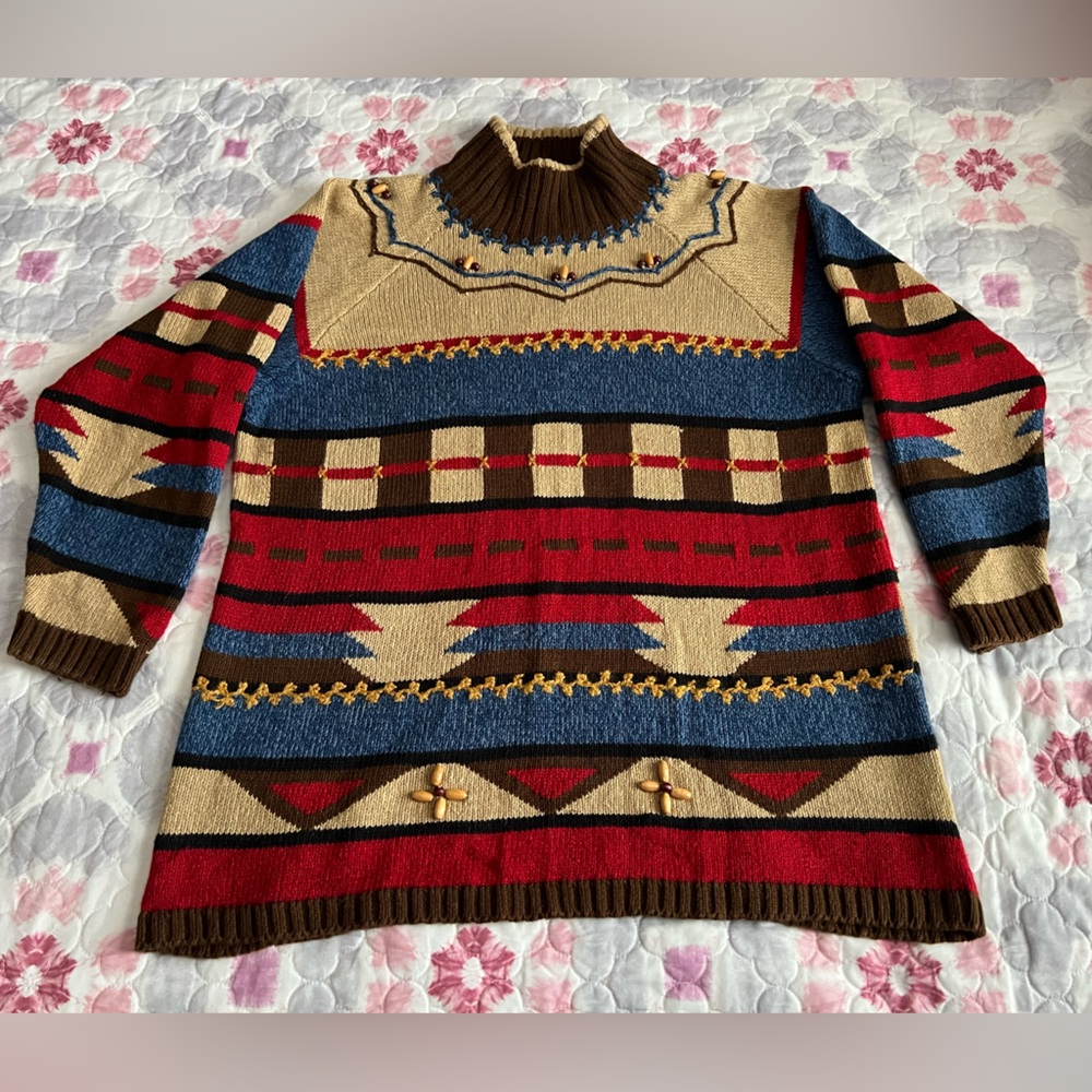 LizSport Petite Women’s Colorful Southwest Aztec Embroidered Knit Sweater Medium